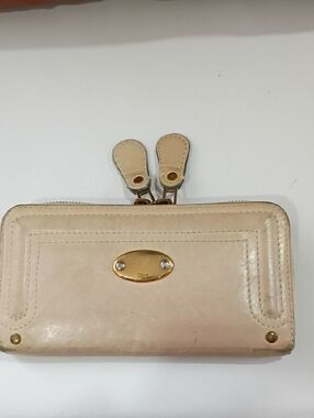 Chloe Cream Leather Zip-Around Wallet with Gold Plaque
